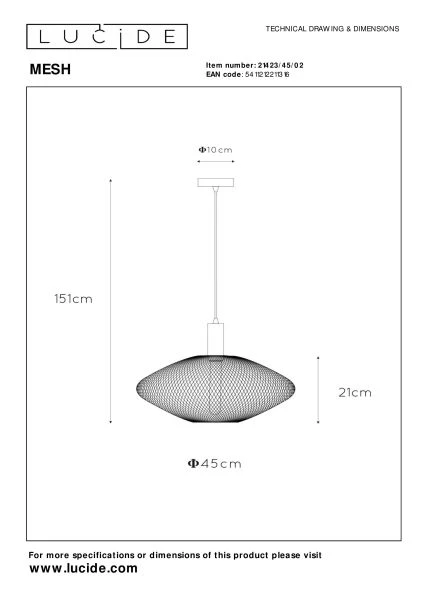 Lucide MESH - Pendelleuchten - Ø 45 cm - 1xE27 - Mattes Gold / Messing - technisch